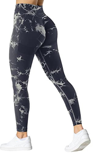 TAYOEA Damen Tie Dye Sport Leggings Gym Workout Blickdicht Push Up Leggings Seamless Fitnesshose Hohe Taille Sporthose Tie Dye Schwarz,XL