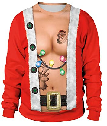 Nokiwiqis Unisex Hässliche Weihnachtspullover Herren Langarm 3D Druck Ugly Christmas Sweater Damen Weihnachten Jumper Weihnachtspulli Xmas Pullover Sweatshirt (Rot Lichterkettes, XXL)