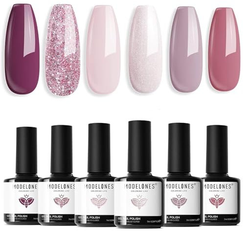 modelones UV Nagellack,6 Farben Gel Nagellack Rosa Nude Glitzer,Soak Off Natur Gel Nail Polish Nageldesigns, Gellack UV Lack für Anfänger Nail Art Maniküre Salon