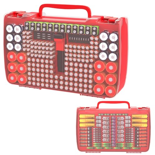 269 Battery Storage Case Organiser with Battery Tester, Double-Sided Variety Pack Battery Box Holder for AA AAA 4A C D Cell 9V 3V Lithium LR44 CR2 CR123 CR1632 18650 Button Batteries - Red
