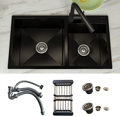 MEJE 78x43 CM Anthracite Black Stainless Steel Kitchen Sink-Double Bowl Sink with Basket Strainer