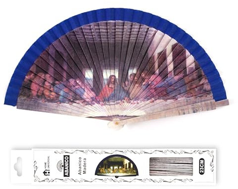 H.U.S.L® ABANICO 23CM DE MADERA LISA CON TELA DE MARFIL, ABANICO DE MADERA ADORNADO, ABANICO ORIGINAL (La última cena (Leonardo da Vinci))