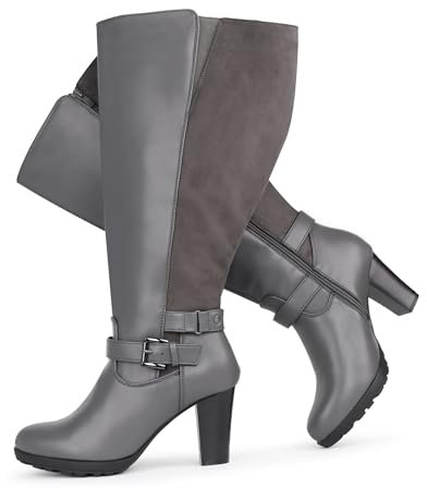 Chicblooms Damen-Stiefel in Übergröße, extra weiter Schaft, hoher Absatz, mit Knöchelschnalle, Graues PU, EU 38
