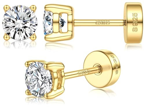 Boucles d’oreilles en Moissanite pour Femmes,Argent Sterling 925,5MM Clous d’oreilles en Or 14K,Couleur D VVS1 Diamant Simulé,Boucles d’oreilles à Dos Plat Ipoallergéniques,Cadeau de Bijoux Or