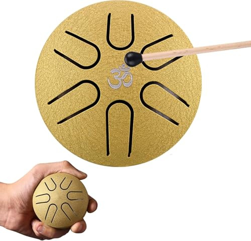 Stahltrommel Mini 3 Zoll (6 Töne) inkl. Schlägel – Handpan für Kinder, Musikinstrument für frühkindliche Bildung & Klangtherapie – Gold