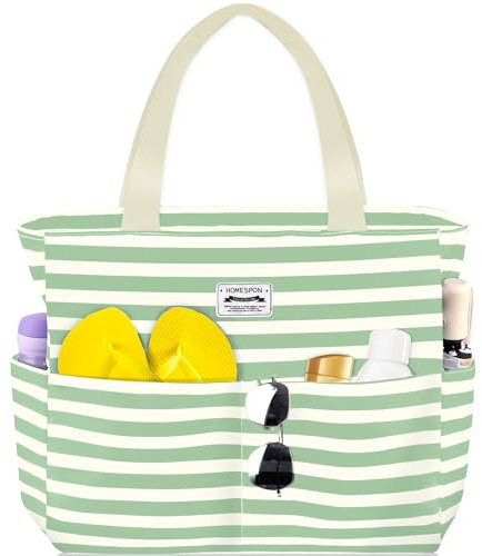 HOMESPON Große Strandtasche Damen mit Reißverschluss Wasserdicht Badetasche XXL Familie Beach Tote Bag, Grün/Weiß Gestreift