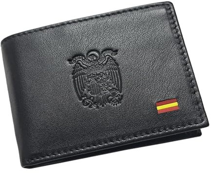 Tiendas LGP - Cartera Billetero Tarjetero Monedero, para Hombre de Color Negro, Escudo Aguila de San Juan, con Detalle de Bandera de España, Piel de Vacuno, Fabricada en España, Horizontal