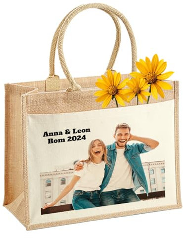 LIEBTASTISCH Personalisierte Jutetasche mit Foto & Text – Nachhaltige Tasche aus Jute & Baumwolle – Individueller Shopper mit Bild – Jutebeutel - selbst gestalten (M (30x30x19 cm))