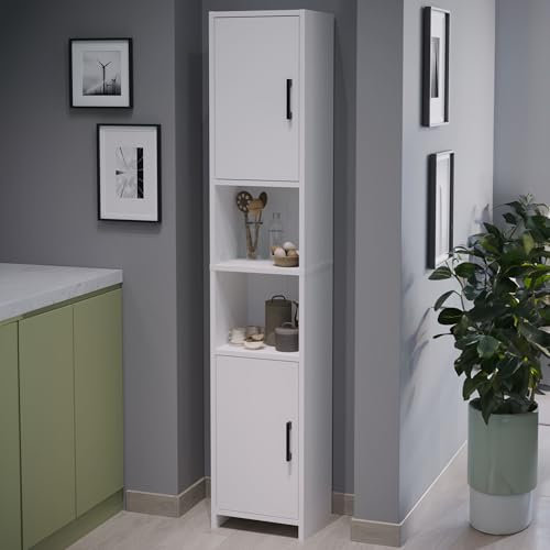 [en.casa] Hochschrank Rautrina Badezimmerschrank mit 2 Türen Küchenschrank mit 6 Fächern Badschrank 180 x 35 x 30 cm Mehrzweckschrank Vorratsschrank Weiß