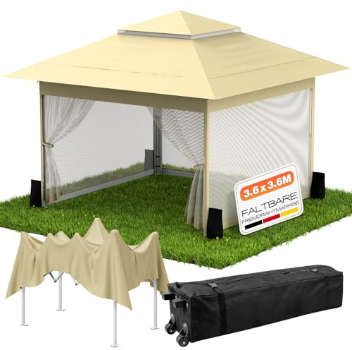 Huracan Pop Up Pavillon 3,6x3,6 Wasserdicht Stabil Winterfest, Faltpavillon Garten mit 4 Moskitonetz Seitenteilen und Sandsäcke, Höhenverstellbar Gartenpavillon UV Schutz, Doppeldach Partyzelt, Khaki