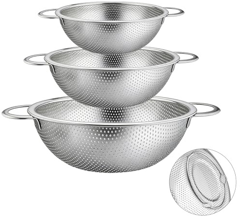 Sieb 3er-Set, Edelstahl Micro-Perforierte Küchensieb Nudelsieb mit Griffen, Edelstahl sieb, Abtropfsieb Seiher, Mikroperforiertes Abtropfsieb für Nudeln Obst Reis Gemüse Spülmaschinenfest - 16/22/28cm