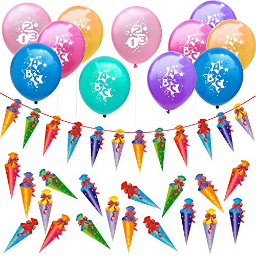 Oblique Unique® Schuleinführung Schulanfang Einschulung Deko Set für Jungs und Mädchen - 10 Luftballons + Zuckertüten Girlande + Zuckertüte Konfetti Set