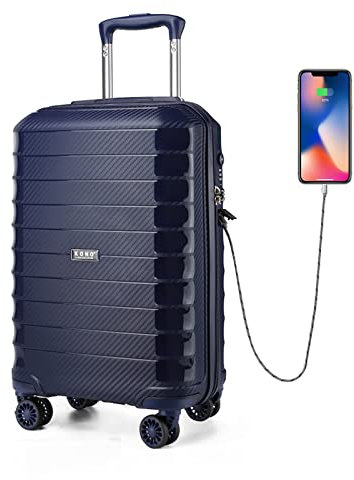 KONO Koffer Hartschale Rollkoffer Handgepäck mit TSA Schloss und USB Ladeanschluss Klein Leicht Trolley Reisekoffer mit 4 Rollen, 55x35x20cm, 33Liter (Dunkelblau)
