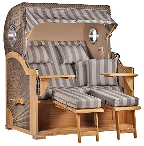 MR. DEKO Strandkorb Baltikum Teakholz XL Volllieger Strandstuhl PE Geflecht Grey Teak Bullauge anthrazit inkl. 4 Kissen - Wechselpolster - Strandkörbe Garten, Wintergarten, Terrasse (Dessin 537)