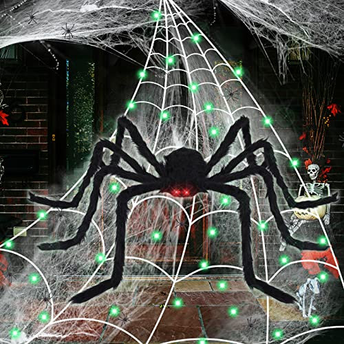FORMIZON Halloween Deko Garten, 150cm Halloween Riesiges Spinnen, Halloween Spinnennetz Dekoration, 40g Spinngewebe Dekoratio 20 kleine Kunstspinnen, Spinnennetz Lichter für Outdoor Hof Dekoration