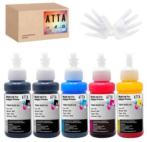 ATTA Epson 664 Ink Bottle Refills T7741 T6642 T6643 T6644 for Epson EcoTank ET-2650 ET-2500 ET-2550 ET-2600 ET-4500 ET-14000 L100 L110 L350 L355 L555 (Black, Cyan, Magenta, Yellow, 5 Pack)