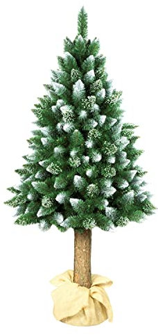Damich Diamond - Albero di Natale artificiale in pino con tronco naturale, 200 cm, con base in plastica, effetto neve, decorazione natalizia