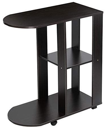 C-Shaped Sofa Side End Table for Living Room, Small Side Table with Shelves Storage, Slim Narrow Mobile Table with Wheels (Black)