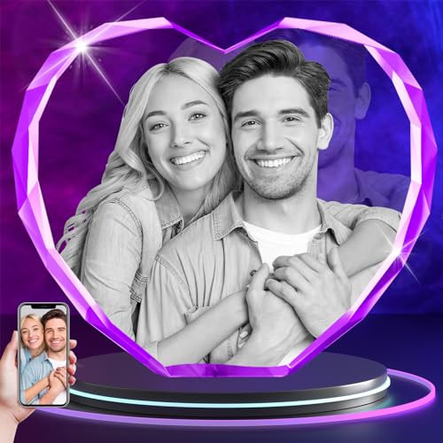 RUIOU Photo en cristal 3D personnalisée en forme de cœur - Cadeau de fête des mères pour elle, lui, maman, papa, couples, grand-mère - Cristal gravé au laser - Cadeau d'anniversaire de mariage
