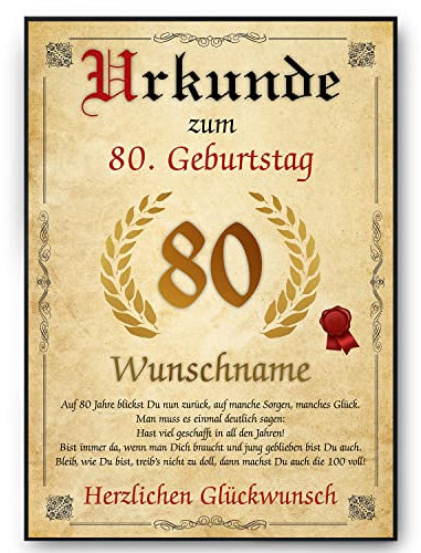 Tigerlino® Personalisierte Urkunde zum 80. Geburtstag Geburtstagsurkunde Jahrgang 1945 Geschenk Männer Frauen 80 Jahre Geburtstagsgeschenk Geburtstagskarte 80. Geburtstag Geschenkidee personalisierbar