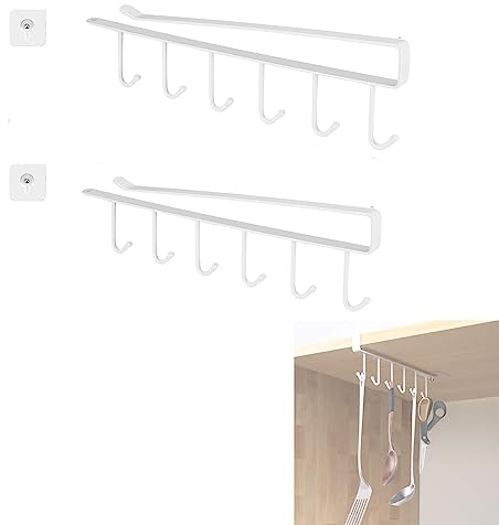 zalati Cup Holders Under Cabinet 2pcs Mug Racks Drying Storage Hanging Shelf Hooks with Adhesive Screws Drilling Free for Kitchen - White