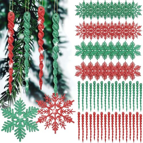 Deekin 72 Stück Schneeflocken-Eiszapfen Ornamente für Weihnachtsbaum, Schneeflocke, gedrehte Eiszapfen, Glitzer, hängende Dekorationen für Weihnachtsbaum, Winter, Neujahr, Partyzubehör (rot und