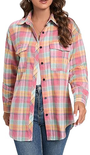 Oyamiki Women's 2023 Fall Clothes Plaid Shirt Long Sleeve Button Down Flannel Shirts Fashion Blouse