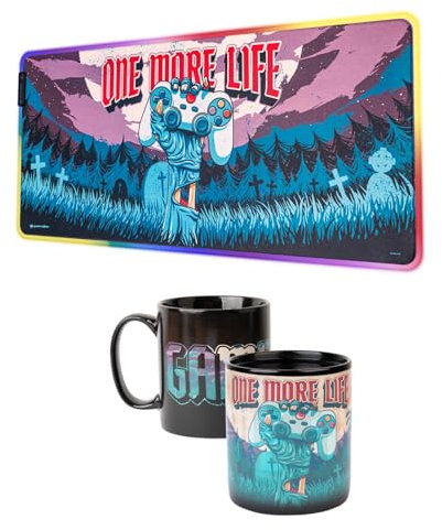 Grupo Erik Pack Gamer One More Life Alfombrilla Gaming RGB - Alfombrilla ratón Luces LED + Taza termocolora XL - Taza Desayuno 500 ml, Accesorios Gaming
