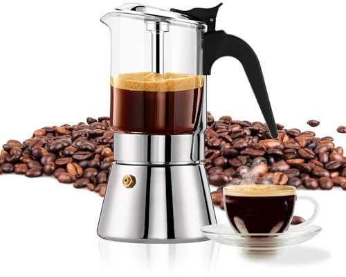 YOLIFE Premium Crystal Glass Top & Stainless Steel Induction Moka Pot, 6 Cup 240ml/ 8.5oz Stovetop Espresso Maker with Pressure Valve, Classic Italian Coffee Maker