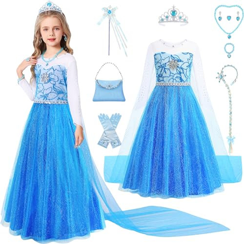 Velmawig Prinzessin Elsa Kostüm Mädchen, Elsa Kleid Eiskönigin Faschingskostüme Kinder Elsa Kostüm Kinder Elsa Kleid Mädchen mit Zopf Zauberstab Krone Handschuhe Halskette Handtasche Ohrringe VL045S