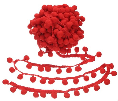 sourcing map 9 Yards Pom Pom Trim Band, 2,5 cm breit, rote Pompom-Ball-Fransenborte Nähen Fransen Stoff Besatz Band für DIY Handwerk Vorhang Kleidung Kissen Heimdekoration
