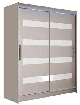 Mirjan24 Schwebetürenschrank Westa IV Kleiderschrank, Modernes Schlafzimmerschrank, Schiebetürenschrank, Garderobe, Schlafzimmer (Cashmere + Weiß Lacobel, mit RGB LED Beleuchtung)