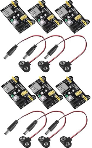 DUBEUYEW 3.3V 5V MB102 Solderless Breadboard Power Supply Module with 9V Battery Clip Power Cable 2.1 x 5.5 mm Male DC Jack Plug for Arduino (Pack of 6)
