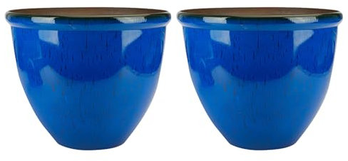 FotoStation 2 Pack | 30cm Dark Blue Glazed Effect Round Plastic Plant Pots | Ceramic Look Garden Plant Pot | Weather Resistant Indoor and Outdoor Decorative Planter | Modern Flower Pots