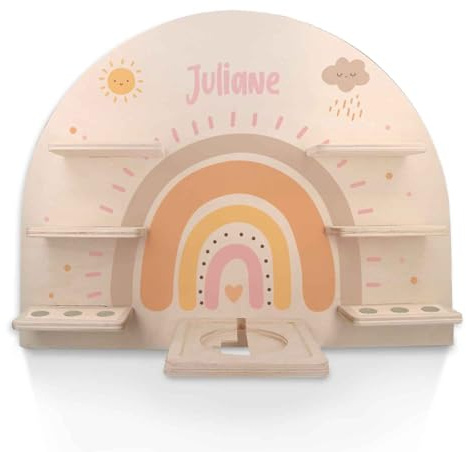GRAVURZEILE Toniebox Regal - Regenbogen Pastell Rot - Personalisiert mit Name - Kinderzimmer Wandregal zur Aufbewahrung von Toniebox 1 & 24 Tonie Figuren - Magnetische Oberfläche - Jungen & Mädchen
