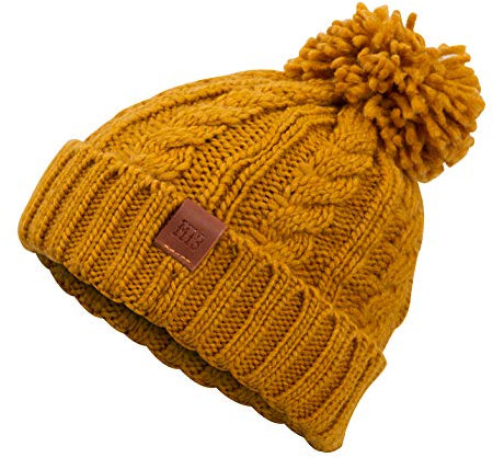 Rough Knit Beanie - Wintermütze, Strickmütze, Bommelmütze mit Leder Patch, Mütze für Herren & Damen (Manufaktur13/M13) (Mustard)