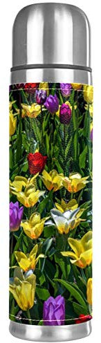 Colorido flor púrpura amarillo tulipán doble pared vacío frasco aislante a prueba de fugas bebidas botella 17 oz