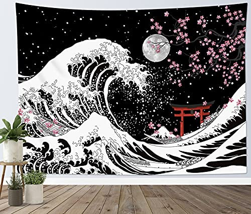 LB 150x100cm Tapisserie Murale Vague de salutation japonaise Tenture Murale Fleur cerisier rose lune Couverture Murales Noir et blanc Tapisseries Decoration Murales pour Maison Salon Chambre Dortoir