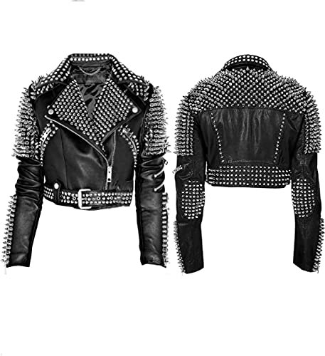 Damen Gothic Brando Rock Punk Nieten Fransen Biker Schwarz Motorrad Lederjacke – Punk Rock Lederjacke, Schwarz. Echtes Leder, Stil 2