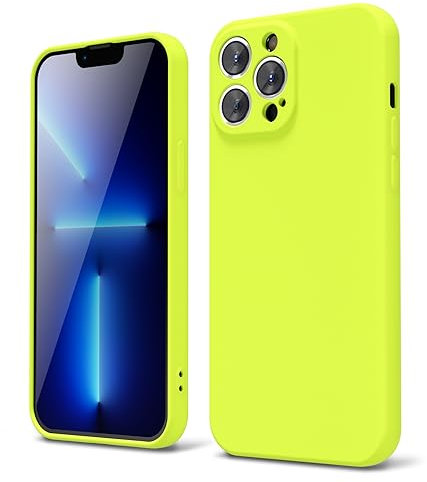 oakxco for iPhone 13 Pro Max Phone Case Liquid Silicone, Fluorescent Bright Solid Color, Cute Thin Slim Soft Rubber TPU Plain Smooth Gel Matte Protective Cover for Women Girl, Neon Green Lime