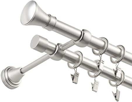 Fenster DEKOR - Gardinenstange Wandmontage 2-läufig 120 cm - Vorhangstange aus Stahl mit 24 Ösen und Clips - Gardinen Stange Satin - Gardinenstangen im Set mit Dübel - Elegante Vorhangstangen