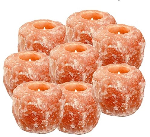 8 x Pack Himalayan Salt Candle Holder, Tea Light Candle Holder, Natural Pink White Grey Himalayan Crystal Rock Salt Lamp Tealight Candles Set- Healing Ionizing T-Lights