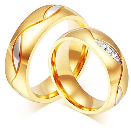 HCMA Paar Schmuck Geschenke Klassische Paar Ringe für Liebhaber Zirkonia Ehering Gold-Farbe Titan Stahl Schmuck