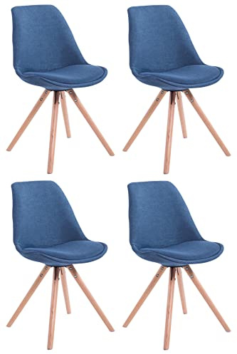 CLP 4er Set Retro-Stühle Toulouse Rund Mit Stoffbezug Und Sitzpolster I Lehnstühle Mit Stabilem Holzgestell, Farbe:blau, Gestell Farbe:Natur