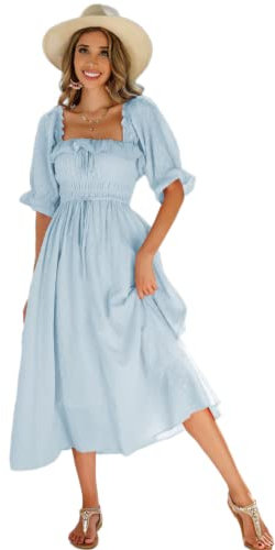 R.Vivimos Women's Polka Dot Slim Half Sleeve Puff Flare Sleeve Square Neck Tie Long Midi Dress(Medium,SkyBlue#2)