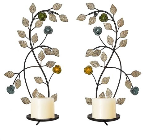 JUCONSIN Wandleuchter, Kerzenhalter, 2er-Set, Antik, Weiße Blätter, Blumen und Zweige, Wandhalterung, Metall, Kerzenhalter für Wohnzimmer, Esszimmer