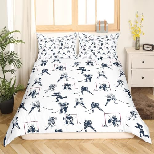 Feelyou Eishockey-Bettwäsche-Set für Kinder Jungen Mädchen Zimmer Sportveranstaltung Muster Bettbezug Hockeyspieler Tröster Bezug Dekor Winter Sport Hockey Schlafzimmer Kollektion Queen Size