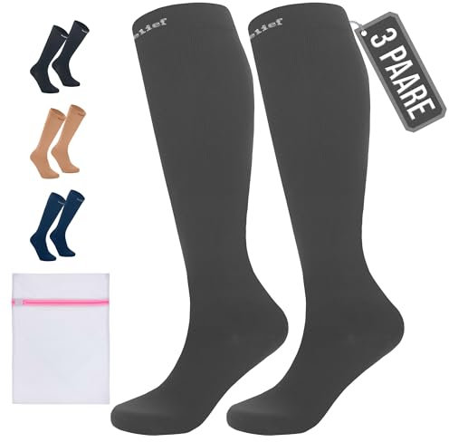 360 Relief Kompressionsstrümpfe Damen und Herren - 3 Paare Kompressionssocken Einfarbig für Sport, Laufen, Flug, Reise, Joggen, Radsport, Kniestrümpfe, S/M Grau mit Wäschenetz
