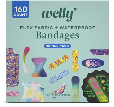 Welly Bandage Large Refill Pack | Adhesive Flexible Fabric, Glow-in-the-Dark & Waterproof Bandages | Assorted Shapes and Patterns for Minor Cuts, Scrapes, and Wounds - 160 Count