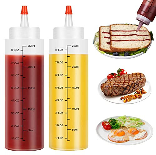 KYSUN 2 Pièces 250ml Sauce à Condiments Distributeur, Bouteilles en Ketchup, Bouteilles en Plastique Réutilisables pour Condiments à Presser avec Échelle Et Couvercles à Visser pour Condiments